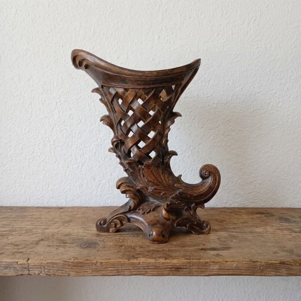 Vintage Faux Wood Resin Cornucopia Planter 12" Lattice Basket Weave Centerpiece